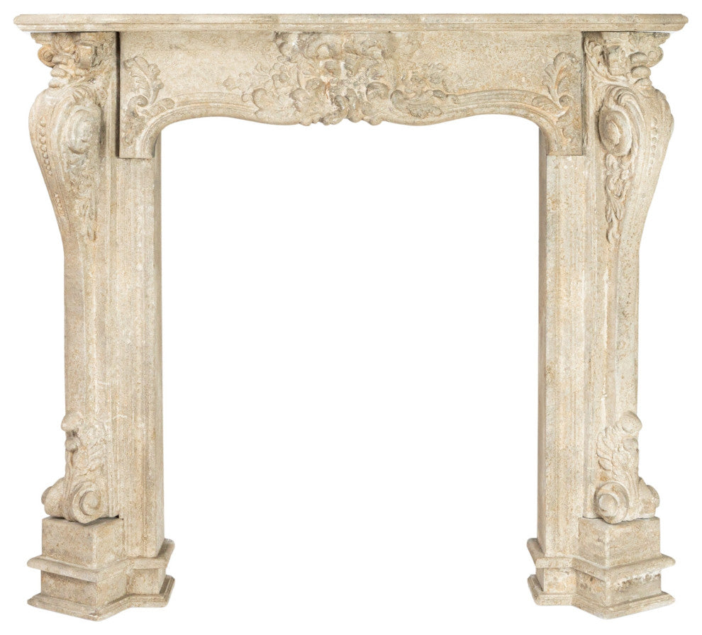 Decorative Wood Fireplace Mantel Ornate, Distressed Cream