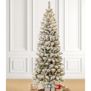 7.5ft Pre-Lit Flocked Pencil Pine Artificial Christmas Tree With 300 Warm Lights