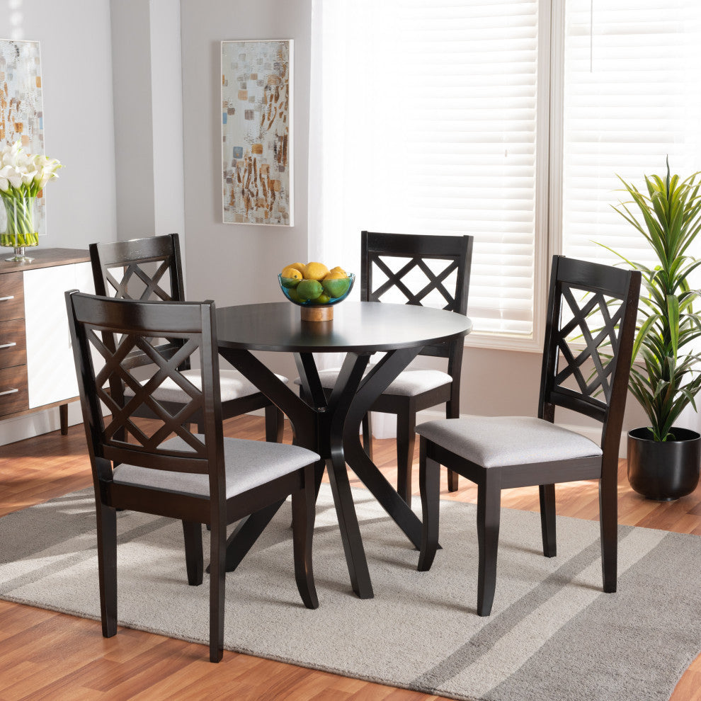Cleo Modern Gray Fabric and Dark Brown Wood 5-Piece Dining Set