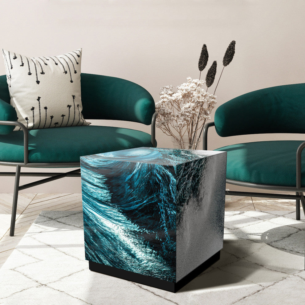 "Sapphire Sea" Printed Beveled Art Glass Table, Black Base, 22" X 22" X 22"