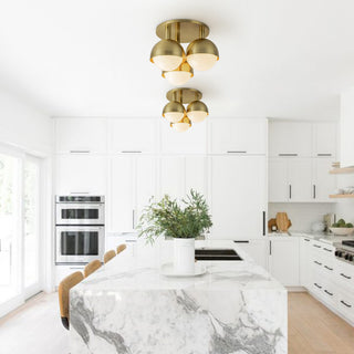 3-Light Opal Cluster Globe Semi Flush Ceiling Light, Brass