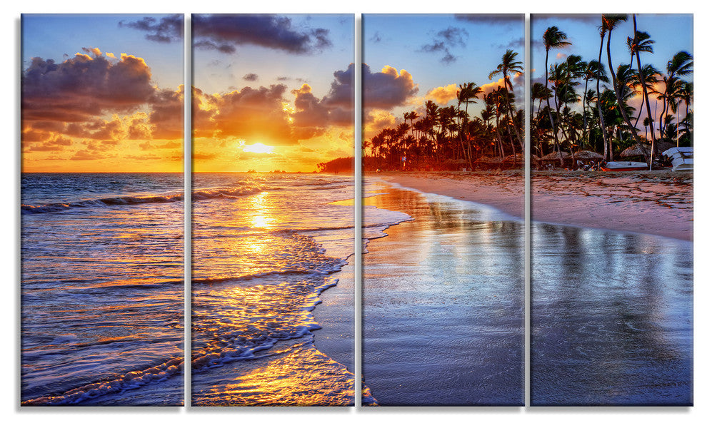 Beach Side Resort With Palm Trees, Seashore Canvas Print, 48"x28", 4 Panels