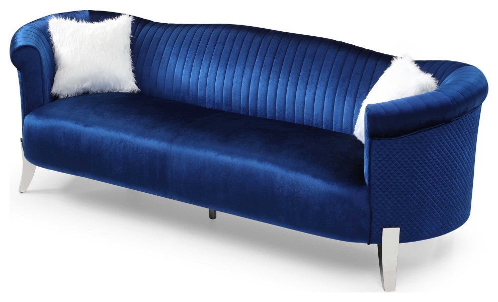 Vine 96 in. W Round Arm Velvet Straight Sofa, Blue