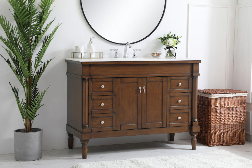 48" Single Bathroom Vanity, Walnut With Ivory White Engineered Marble