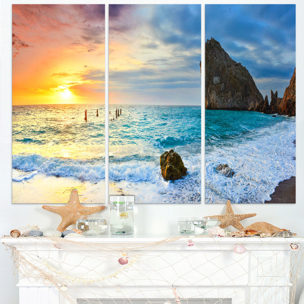 "Vibrant Morning Sea With Yellow Sun" Metal Wall Art, 3 Panels, 36"x28"