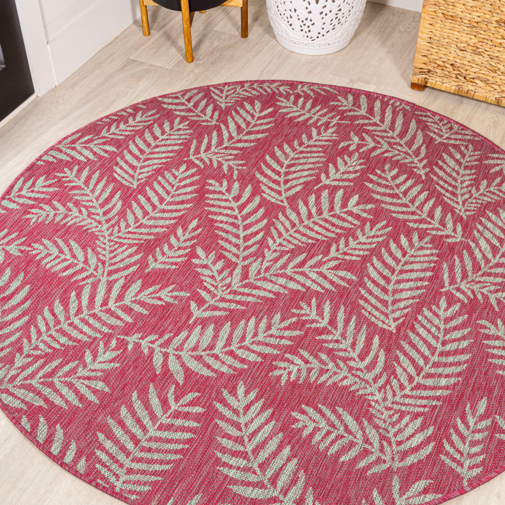 Nevis Palm Frond Indoor/Outdoor, Fuchsia/Light Gray, 5' Round