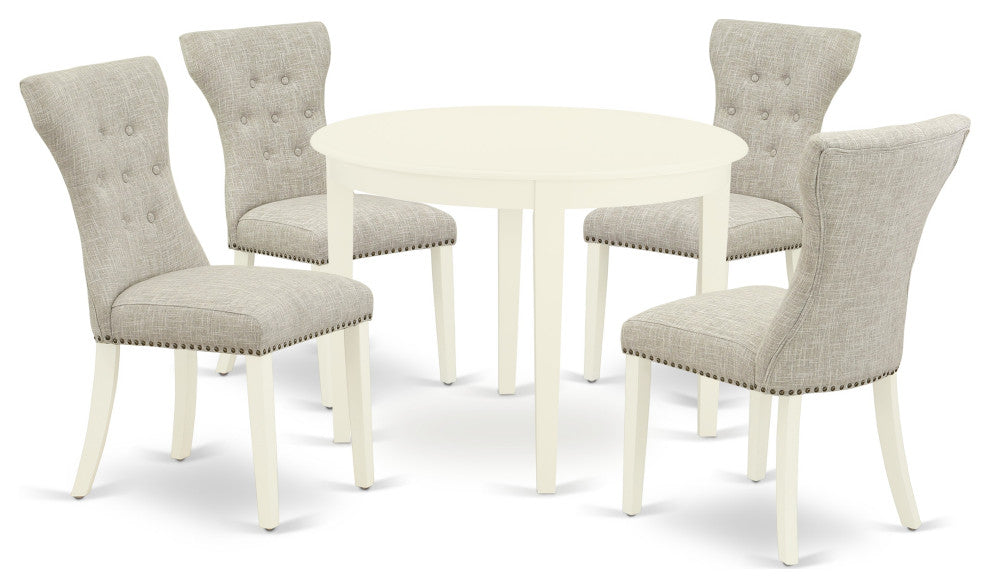 5-Pc Dining Set, Round Dining Table, 4 Kitchen Chairs, Linen White