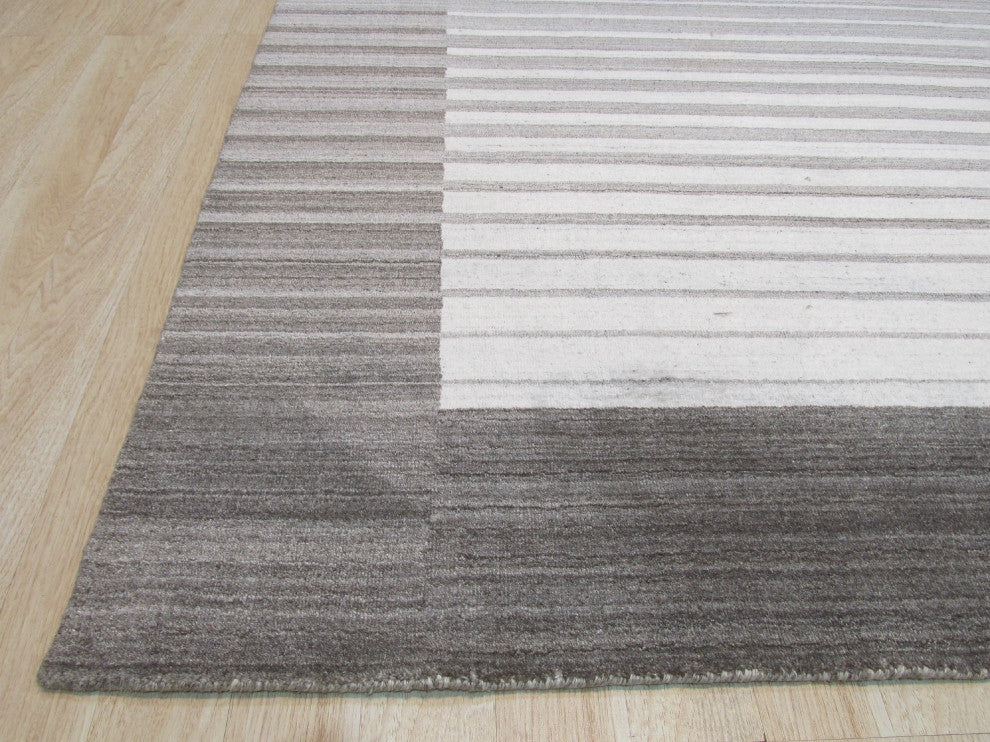 Ivory/Charcoal Stripe Handmade Urban Rug, 12'x15'
