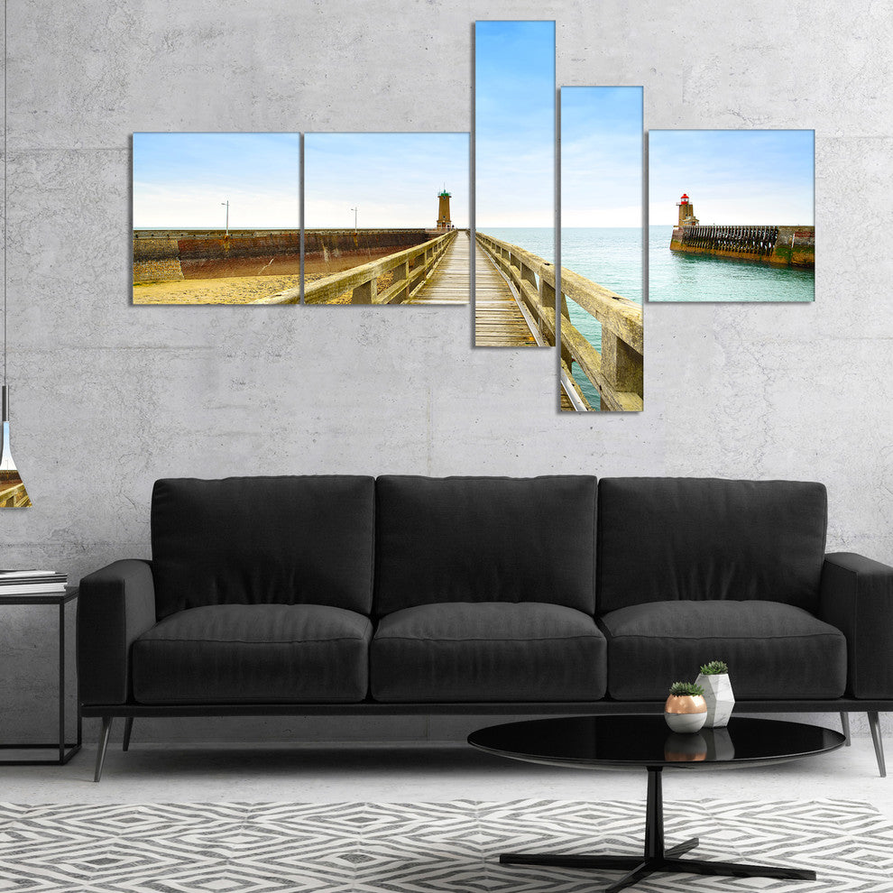 Pier and Lighthouse France, Seascape Canvas Art Print, 60"x32", 5 panels