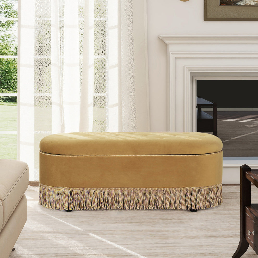 Melinda 48.5" Bullion Fringe Oval Storage Bench, Gold