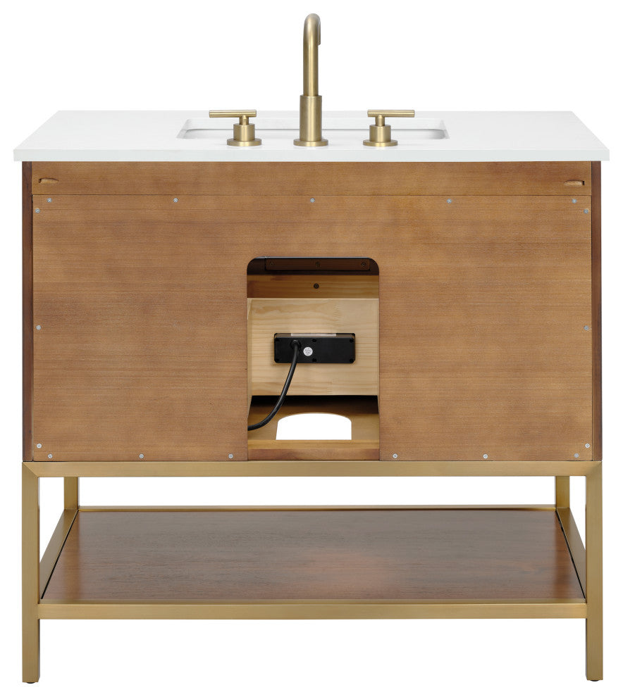 Diamond 36" Bath Vanity, Walnut/Satin Brass, 36", White Quartz Top