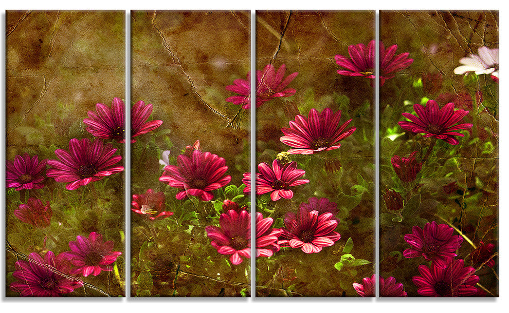 Spring Garden with Little Red Flowers, Floral Canvas Artwork, 48"x28", 4 Panels