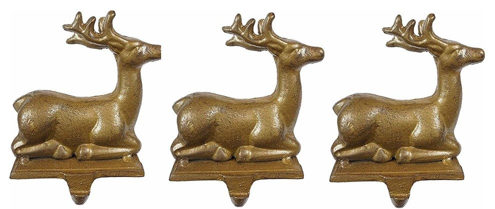 Cast Iron Antique Gold Deer Stocking Holder, Set of 3