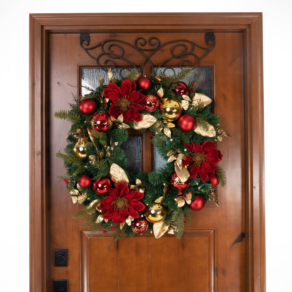 30" Lighted Christmas Wreath, Golden Leaf Red Magnolia