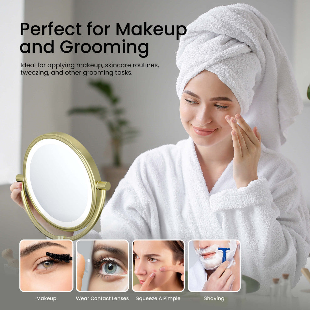 Circular LED Wall Mount Magnifying Make Up Mirror, Brushed Gold