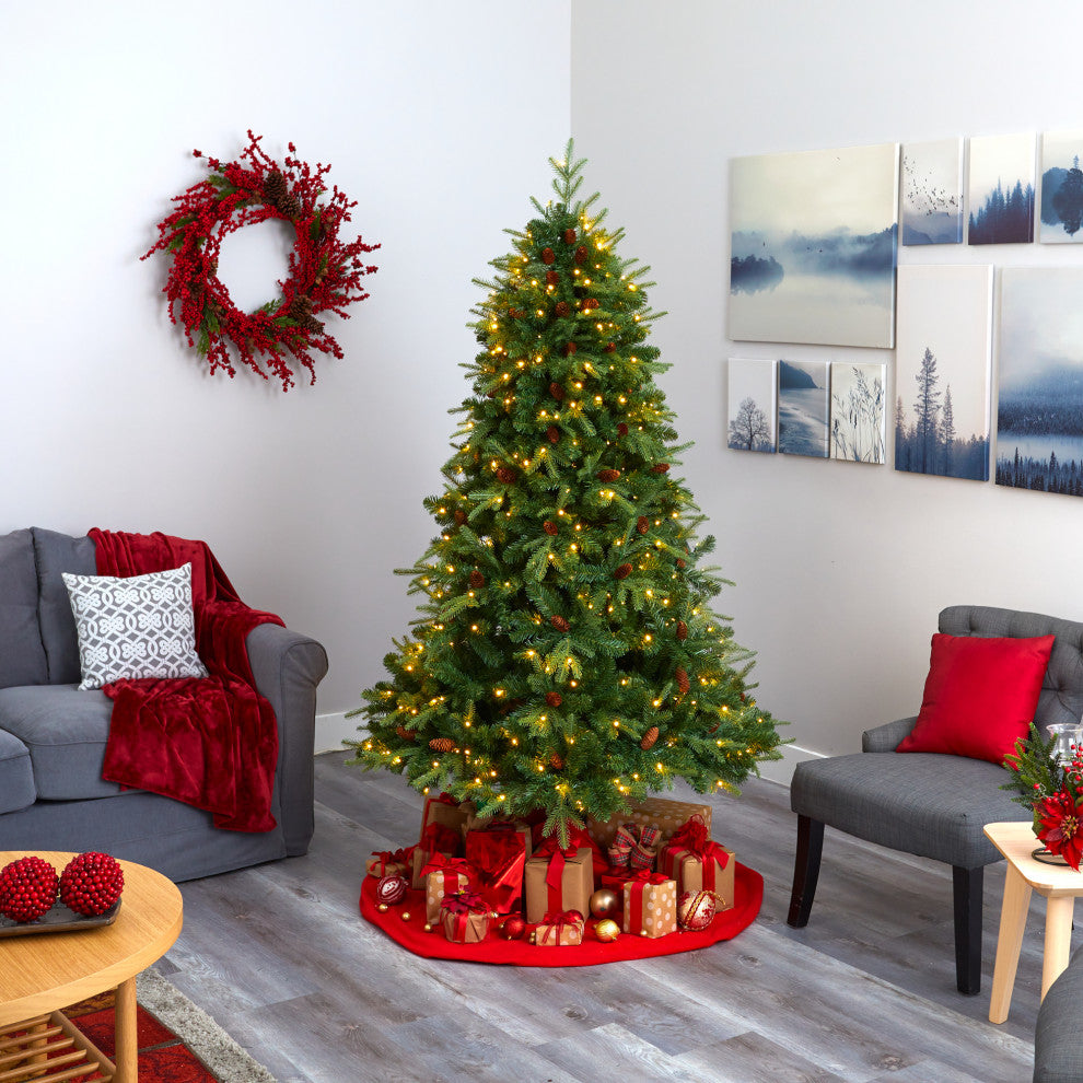 7' Wellington Spruce Natural Look Faux Xmas Tree W/400 Clear Lights & Pine Cones
