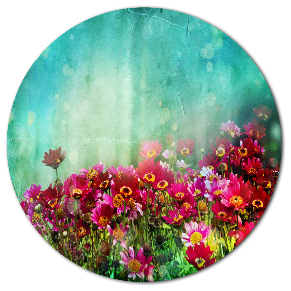 Little Red And Pink Flowers On Blue, Floral Round Metal Wall Art, 36"