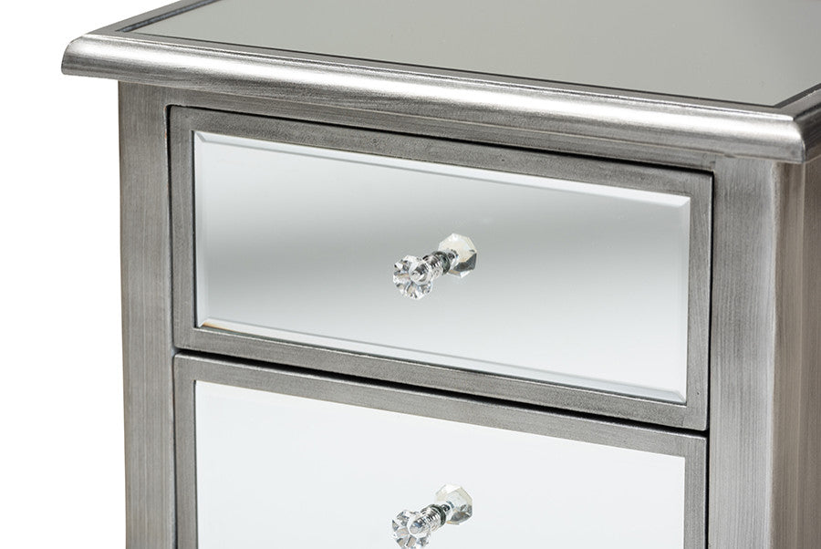 French Brushed Silver Finished Wood and Mirrored Glass 2-Drawer Nightstand