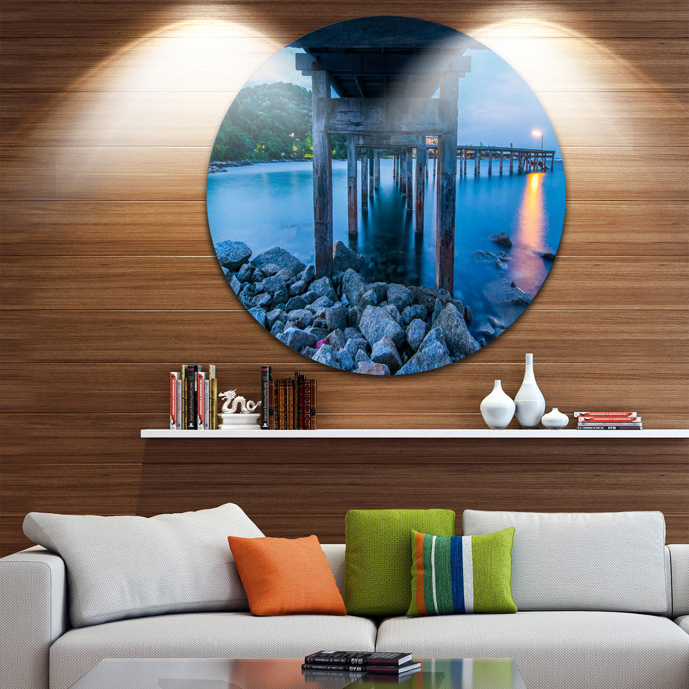 Under Wood Bridge At Twilight, Sea Bridge Disc Metal Wall Art, 36"
