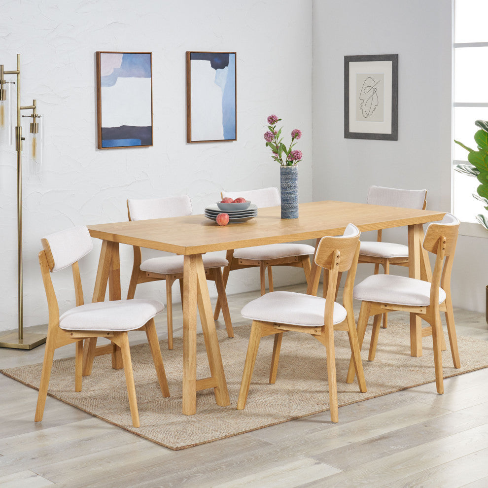 Anakin Mid-Century Modern 7-Piece Dining Set, Light Beige/Natural Oak