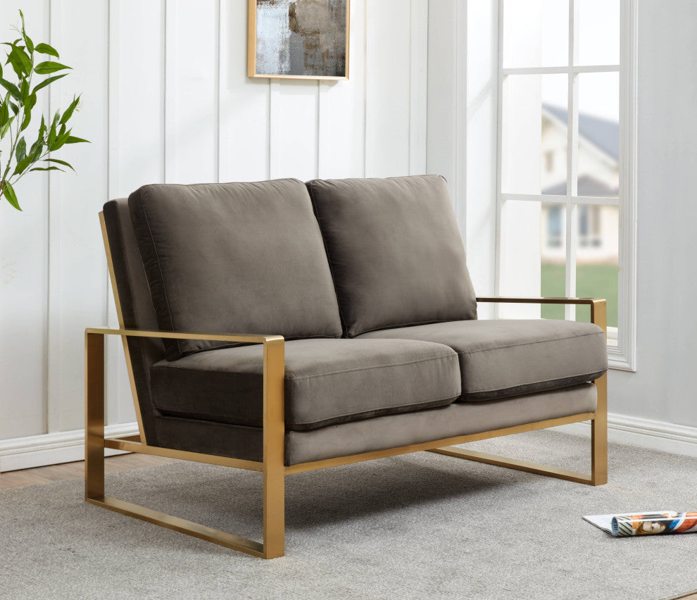 LeisureMod Jefferson Modern Design Velvet Loveseat With Gold Frame, Dark Gray