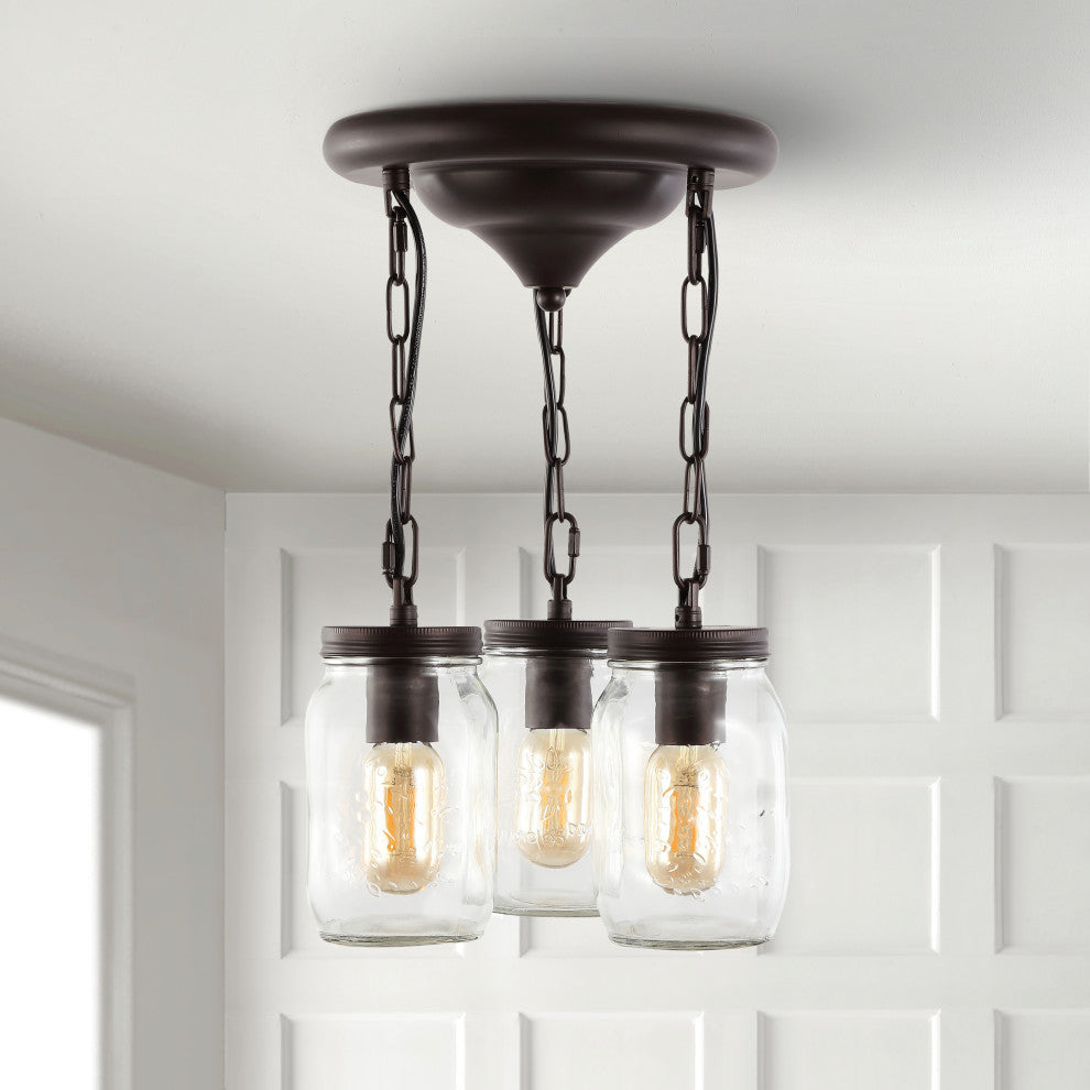 Gaines 11" 3-Light Farmhouse Mason Jar LED Semi Flush Mount, Oil Rubbed Bronze