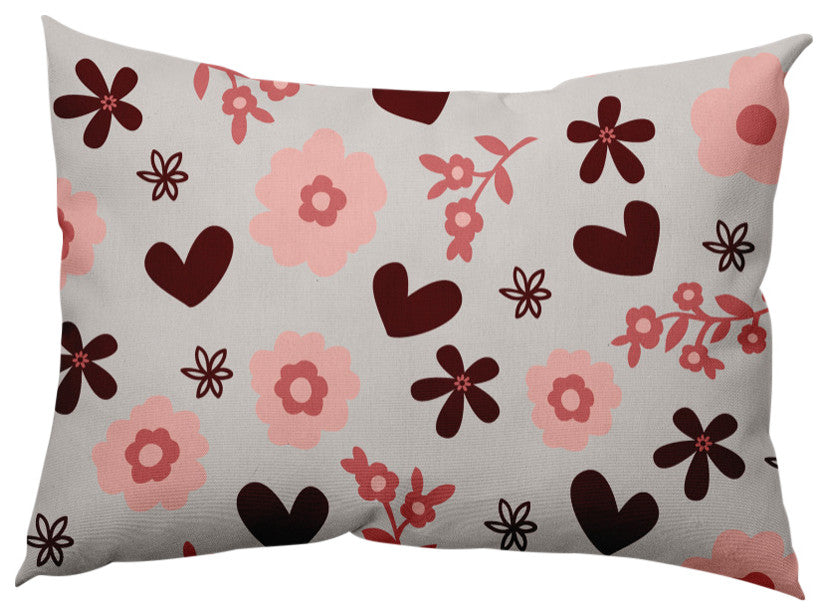Flowery Love Valentines Indoor/Outdoor Lumbar Pillow, Gray, 14x20"