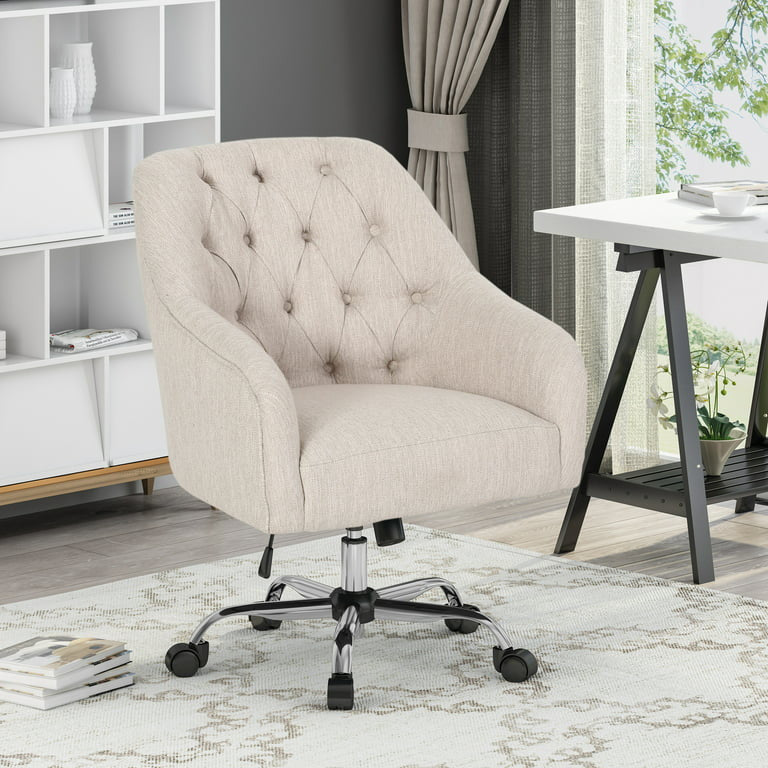 Swiveling Office Chair, Padded Seat & Barrel Backrest With Button Tufting, Beige