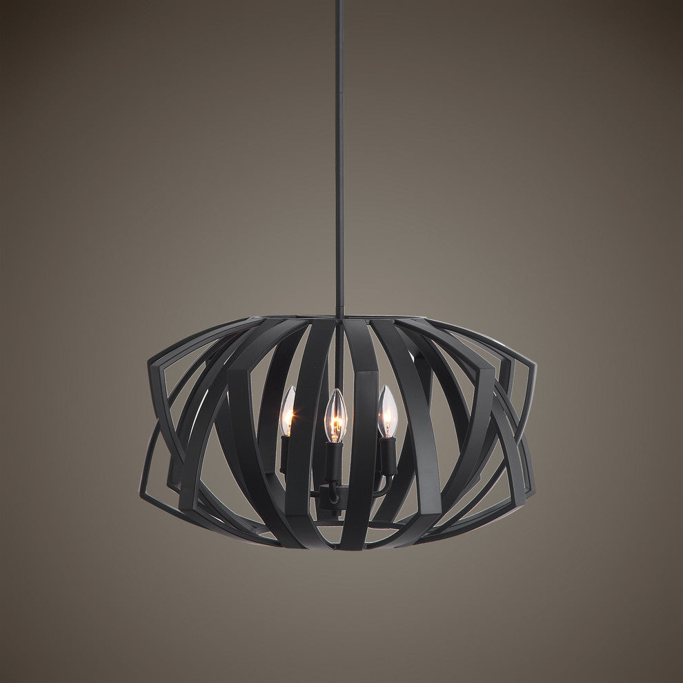 Mid Century Modern Woven Black Metal Cage Pendant, 3 Light Chandelier Round