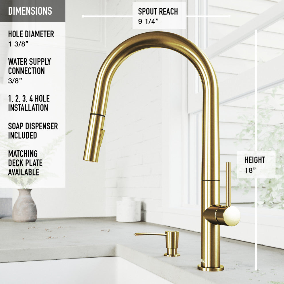 VIGO Greenwich 18" H Single Handle Pull-Down Sprayer Kitchen Faucet, Matte Brushed Gold, No Sensor, With Soap Dispenser