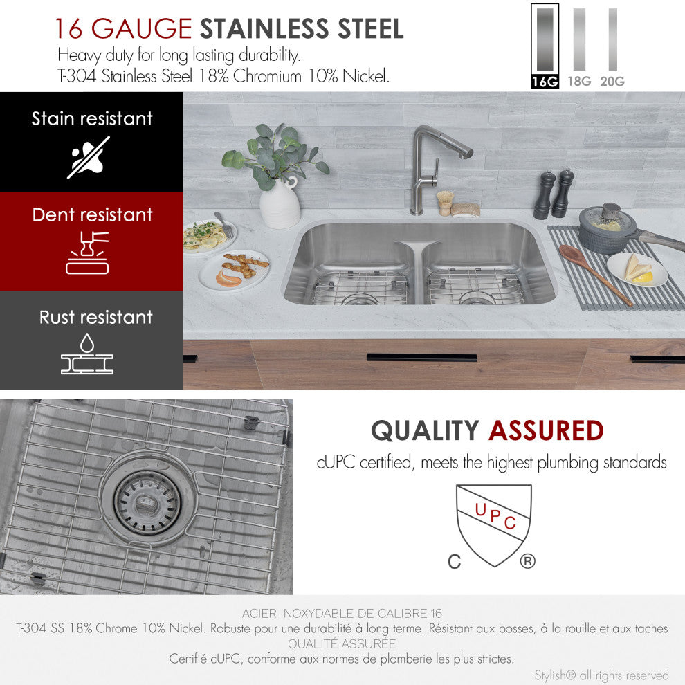 STYLISH 32 Low Divider Double Undermount and Drop-in Kitchen Sink