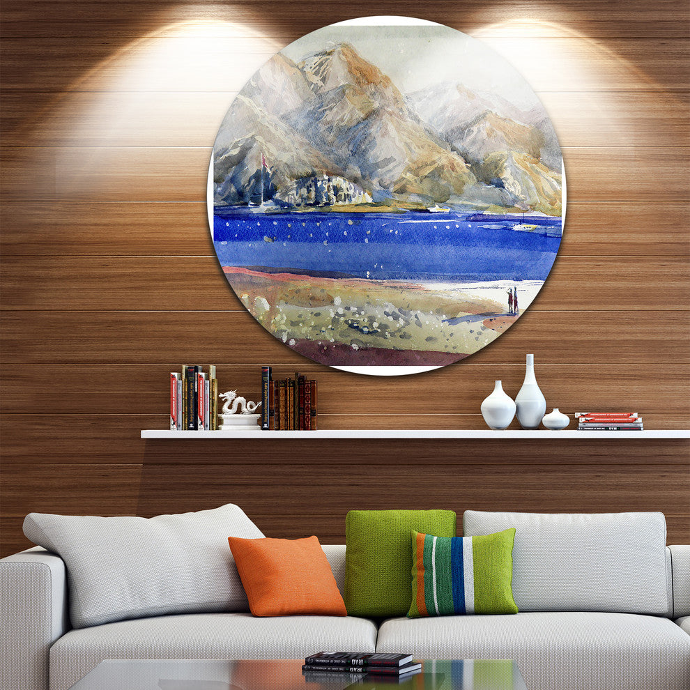 Mountains And Blue Sea, Landscape Round Metal Wall Art, 36"