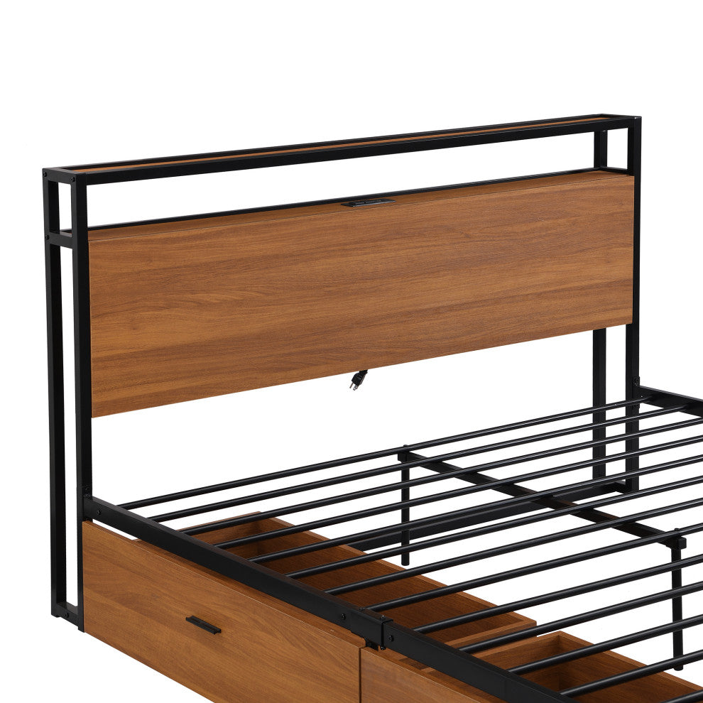 Full/Queen Metal Frame Wood Platform Bed with Two Drawers,Sockets and USB Ports,