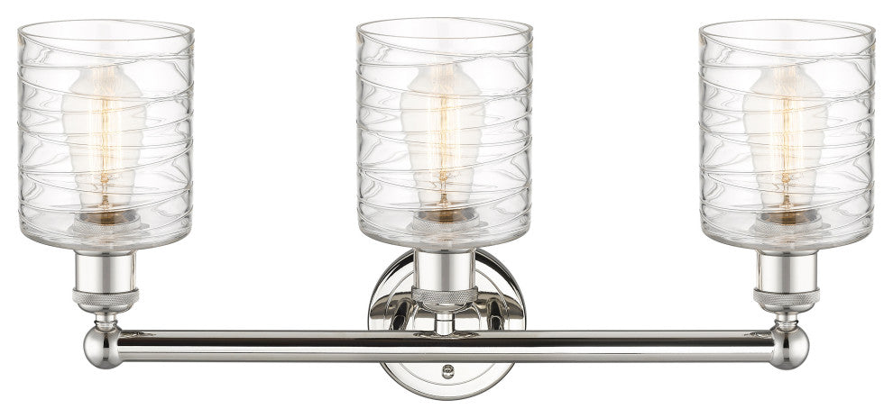 Edison Cobbleskill 3-Light 23" Vanity Light, Polished Nickel, Deco Swirl Shade