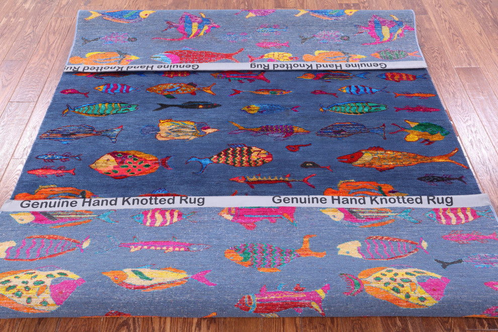 6' 0" X 9' 0" Gabbeh Fish Design Hand-Knotted Wool & Silk Rug - Q15980