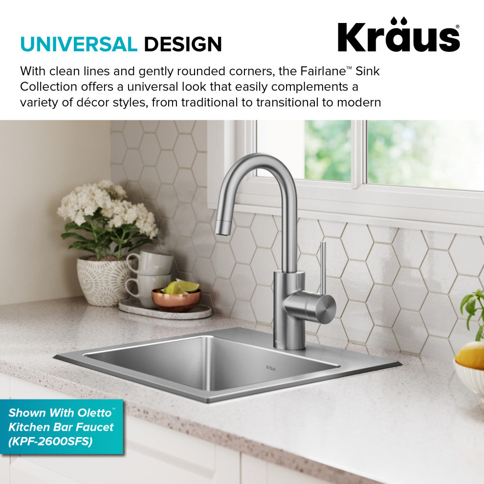 KRAUS Fairlane 15" Drop, / Top Mount 1-Bowl Stainless Steel Kitchen Sink