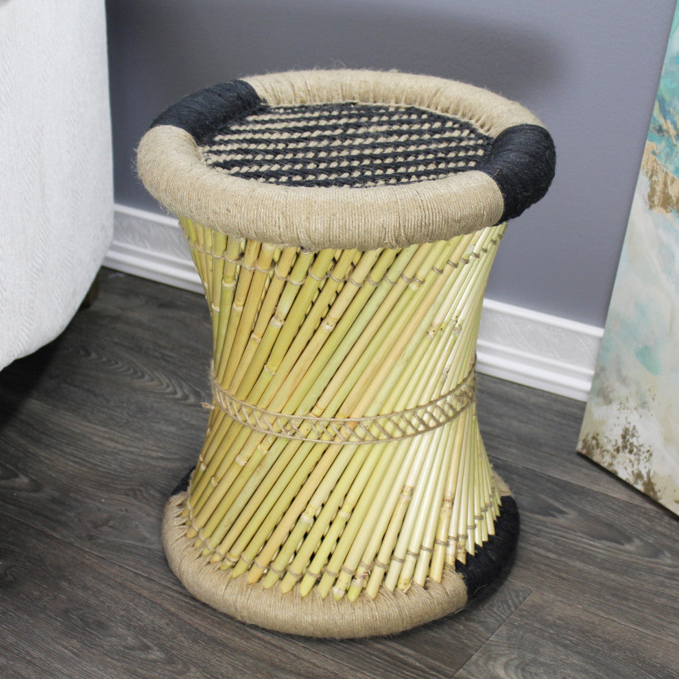 Natural Geo Moray Decorative Handwoven Jute Accent Stool, Black Striped