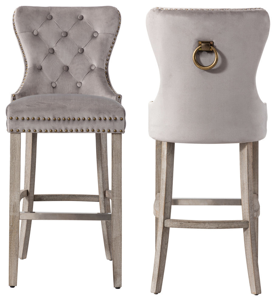 WestinTrends 2PC 29" Bar Height Wingback Velvet Bar Stool Set, Antique Gray, Velvet Gray
