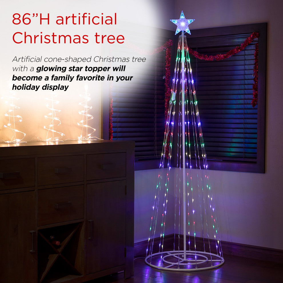 86"H Indoor Artificial Christmas Tree with Multi-Colored Lights and Star Topper