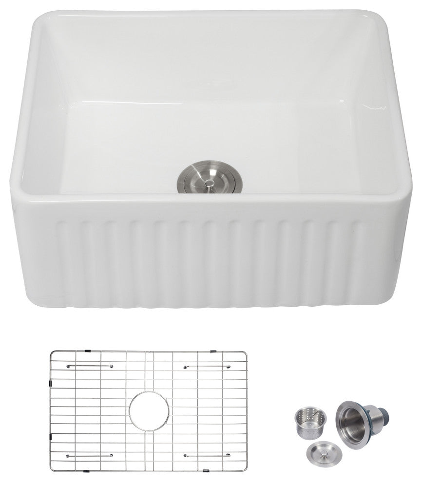 White Farmhouse Ceramic Bar Kitchen Sink Single Bowl Basin 24"