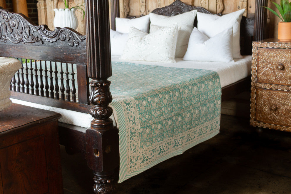 Oleander Aqua Block Print Cotton Coverlet