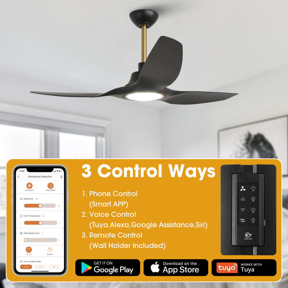 52-inch Modern Black LED Smart Ceiling Fan with Remote