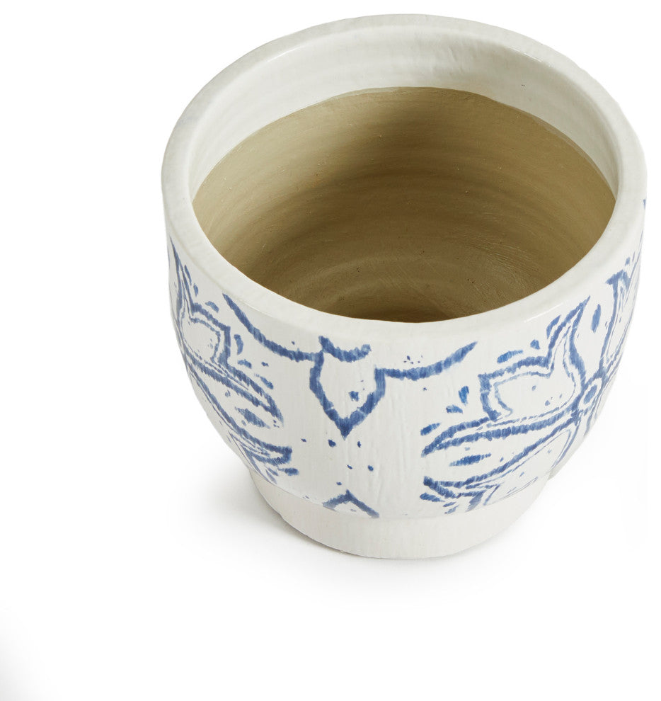 Mediterranean Blue White Medallion Planter Round Graphic Floret Coastal Pottery