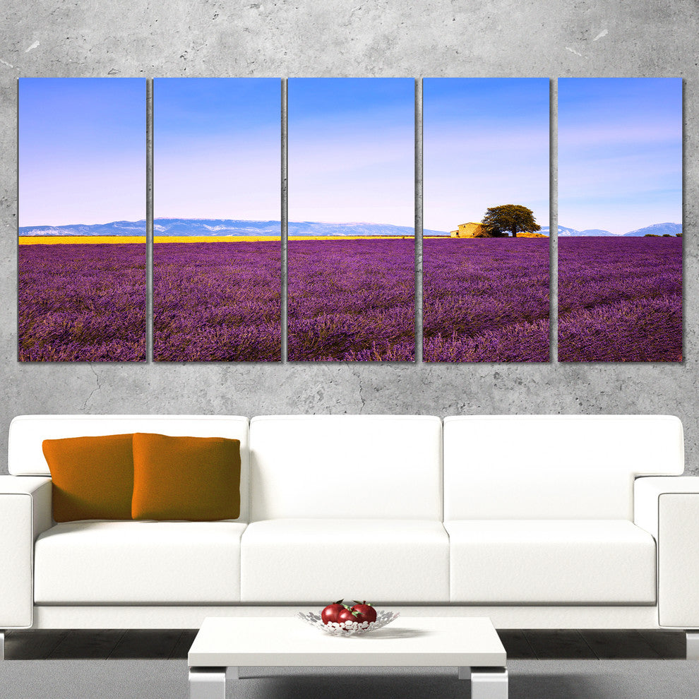 "Lavender Flowers With Old House" Landscape Wall Art Print, 5 Panels, 60"x28"