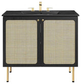 Modway Chaucer 36" Wood & Rattan Bathroom Vanity with Adjustable Shelf in Black