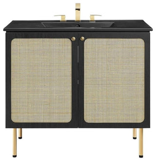 Modway Chaucer 36" Wood & Rattan Bathroom Vanity with Adjustable Shelf in Black