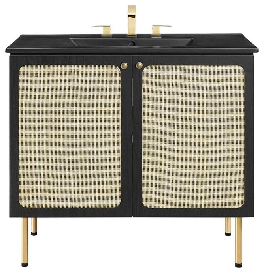 Modway Chaucer 36" Wood & Rattan Bathroom Vanity with Adjustable Shelf in Black