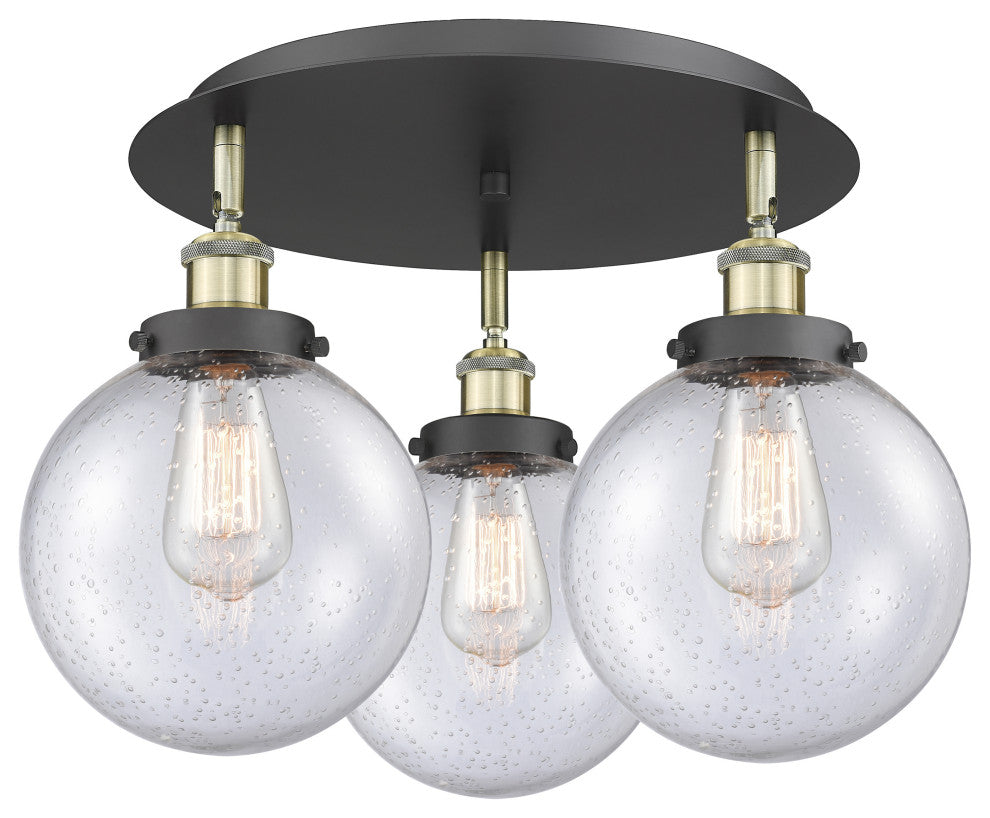 Canton-3 Light 20" Flush Mount-Black Antique Brass, Seedy Glass Shade
