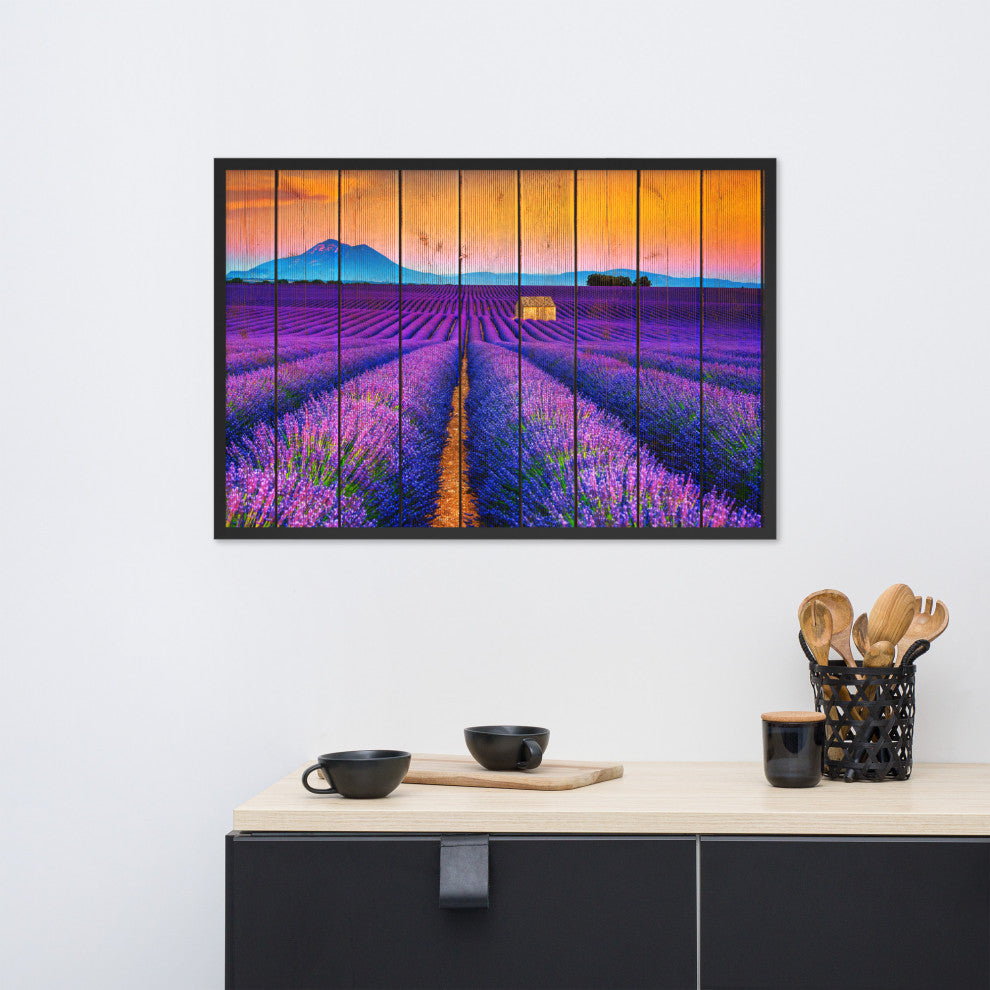 Faux Wood Lavender Fields and Sunset Landscape Framed Photo Paper Wall Art Print, Black, 24" X 36"
