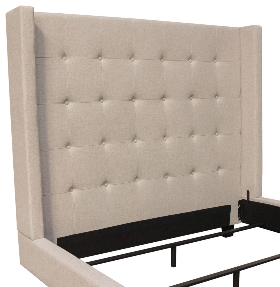 Madison Ave Tufted Wing Eastern King Bed in Sand Button Tufted Fabric